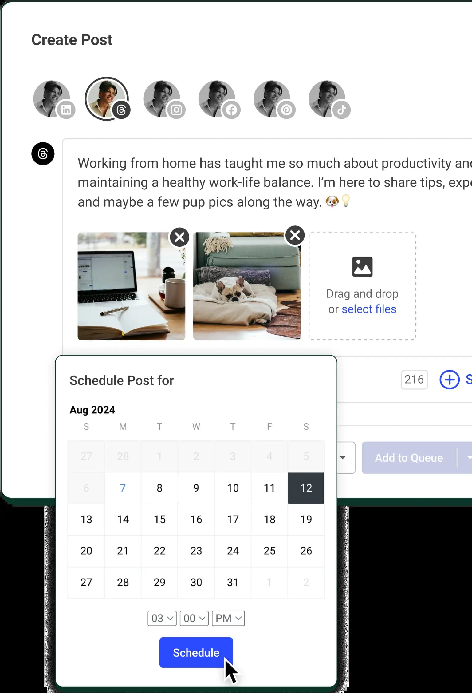 A Threads post create screen with text input, image attachments, and a date picker to schedule posts.