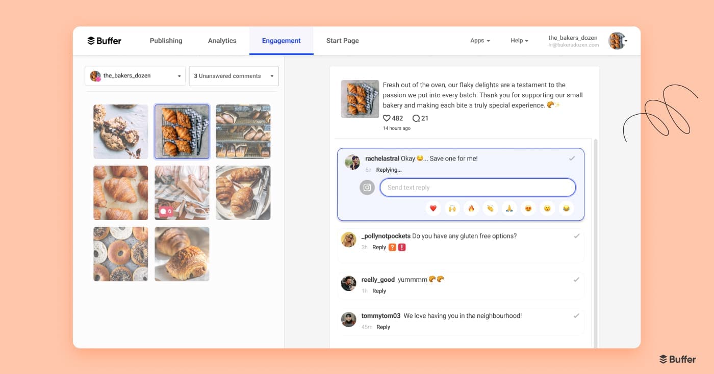 The Buffer app Engagement view with unanswered comments and the ability to reply directly within Buffer.