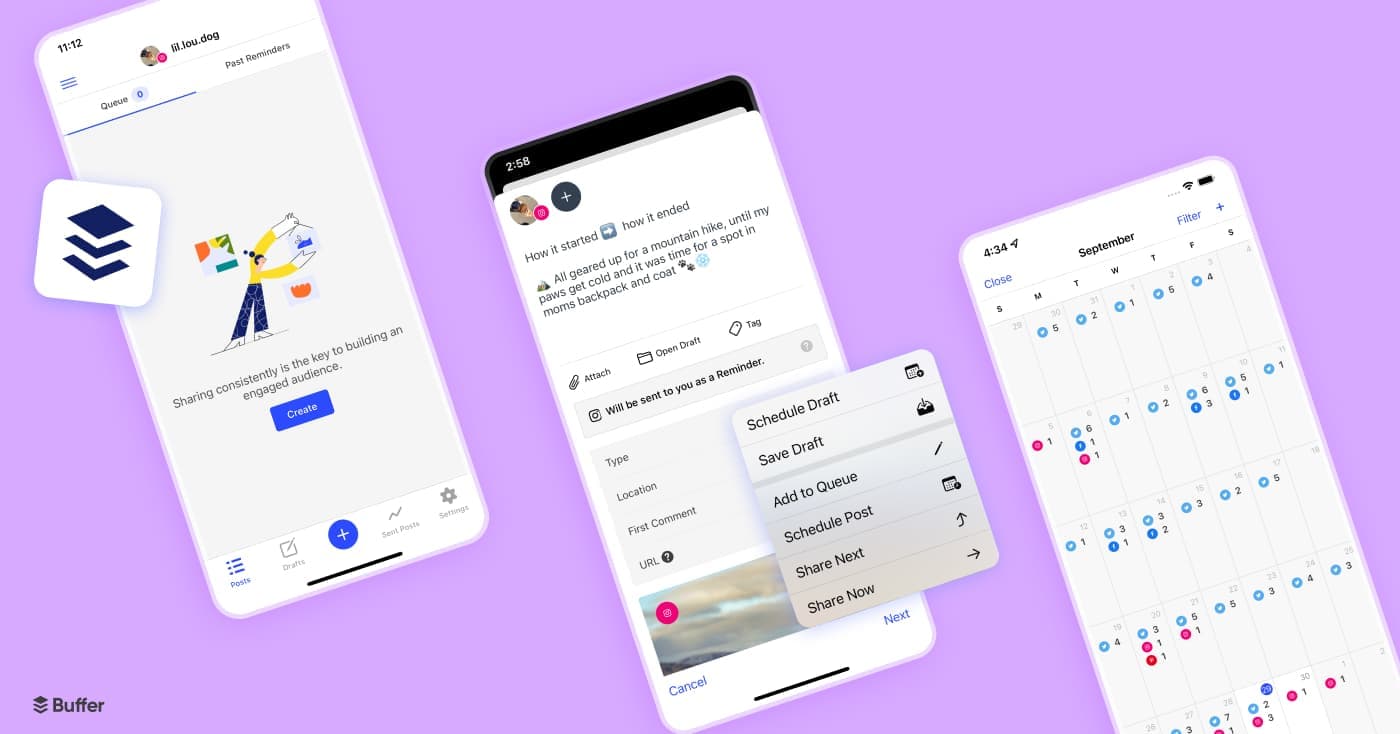 Screenshots of the Buffer mobile app with post creation, scheduling, and content calendar views.