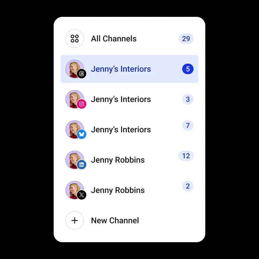 Buffer Community comments channels list with notifications for Threads, Instagram, Bluesky, LinkedIn, and other platforms.
