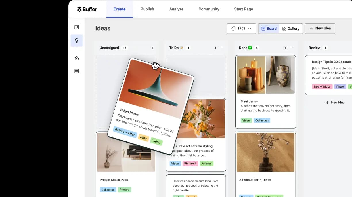 Buffer Create space with columns and sorting for content ideas, including an AI Assistant for generating posts and refining content.