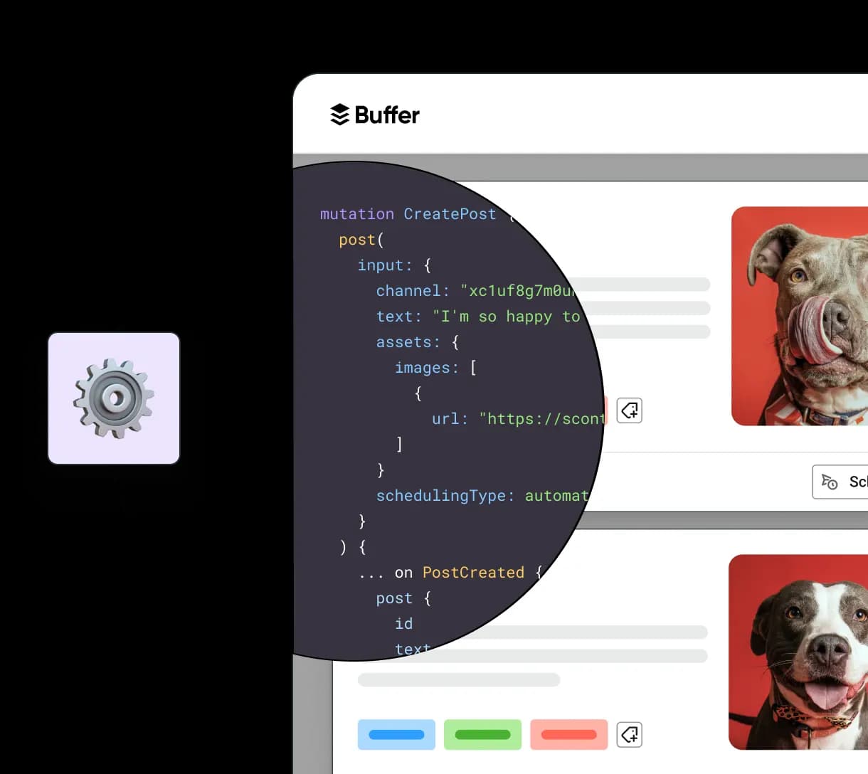 Buffer scheduled posts overlaid with developer API code snippet.