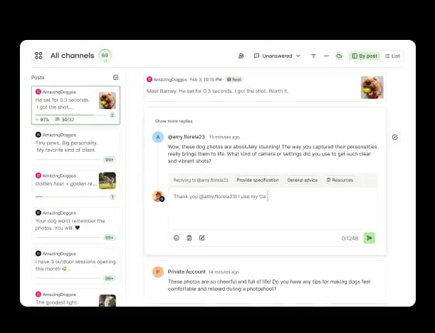 Buffer Community space with filterable and sortable comments across multiple social media accounts.