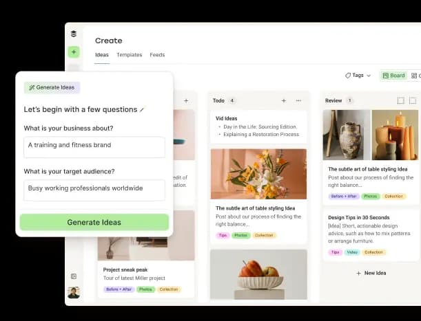 Buffer Create space with columns and sorting for content ideas, including an AI Assistant for generating posts and refining content.
