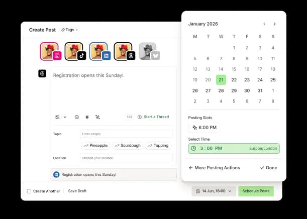 Buffer Publish space with a queue for multiple social media accounts, a calendar view, and scheduling options.