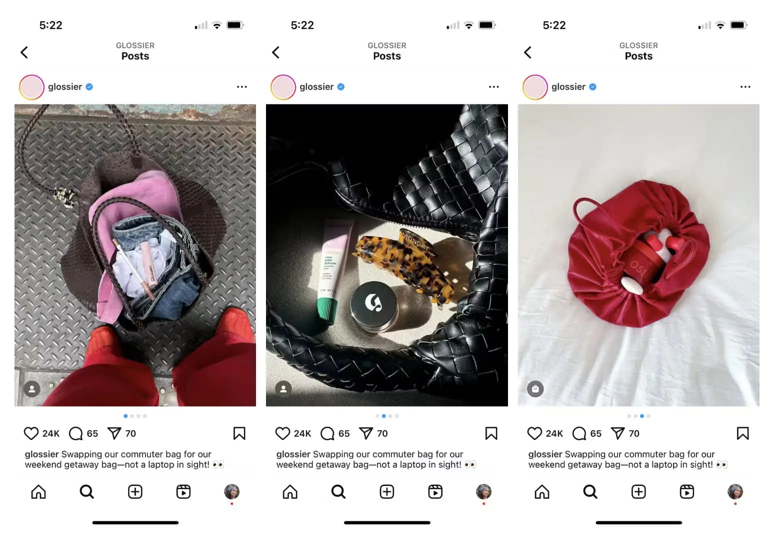 Examples of Glossier’s Instagram photo dump posts with several photos per post.