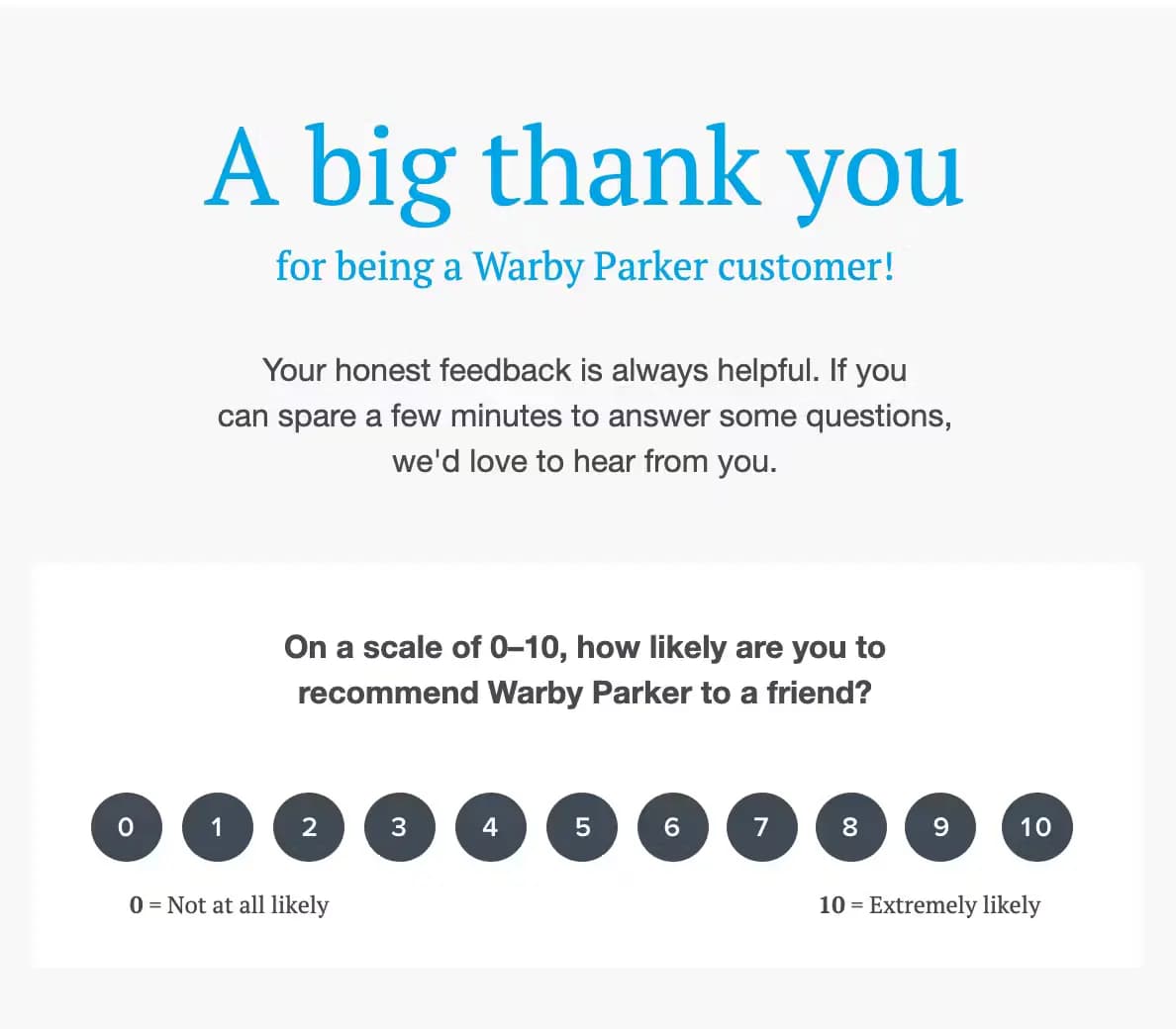 NPS survey email from Warby Parker asking the customer to rate how likely they are to recommend Warby Parker to a friend on a scale of 0-10.