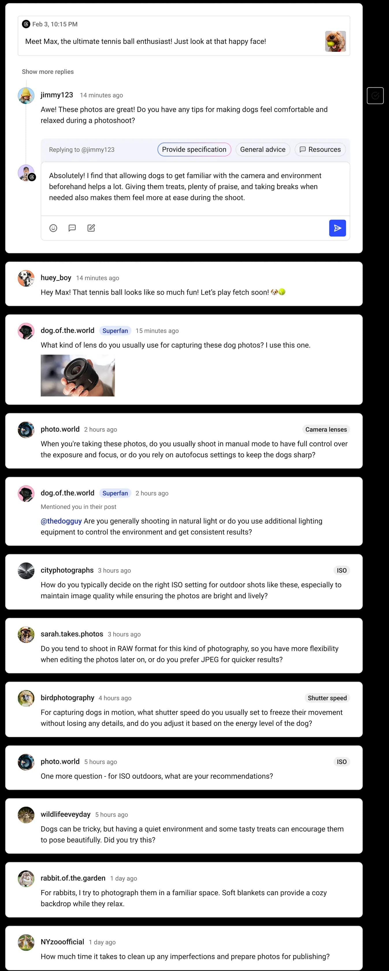 Comment feed with comments by social media channel, saved replies, and AI replies.