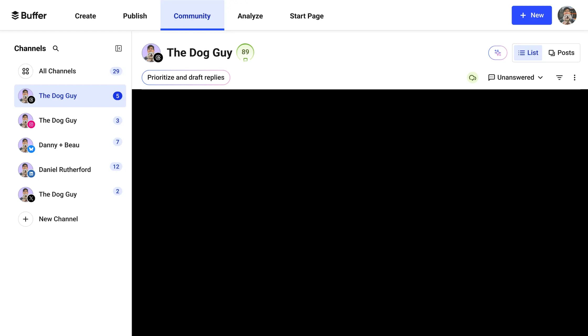 Buffer Community screen with comments by social media channel, comment sorting and filters, and comment score metrics.