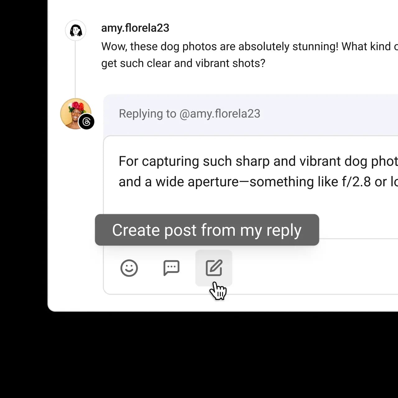 Buffer Community comment reply screen with create post from my reply option.