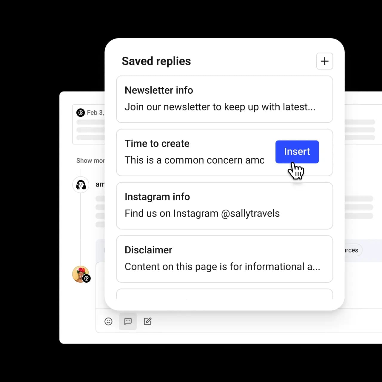 Buffer saved replies to quickly insert common replies to comments.