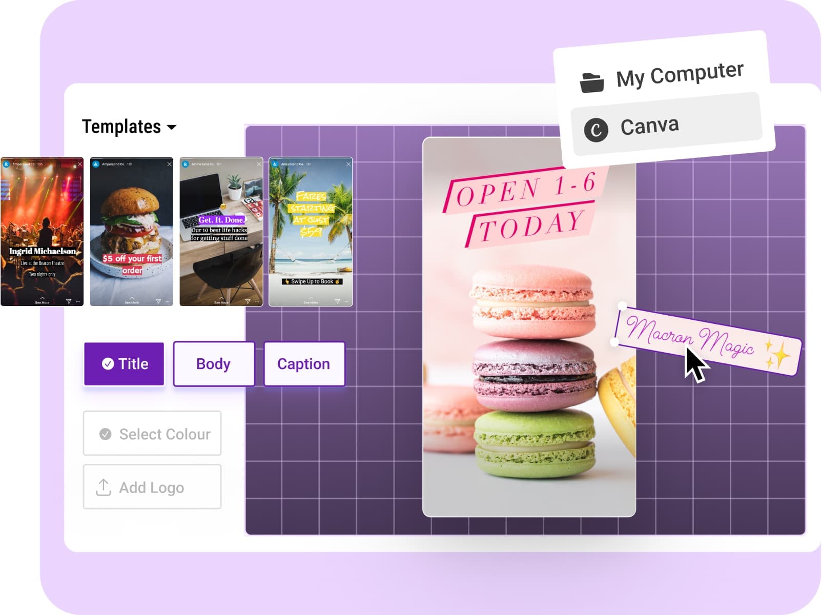 Buffer Instagram templates can allow you to upload images from your computer or Canva and customize the title, body, and caption.