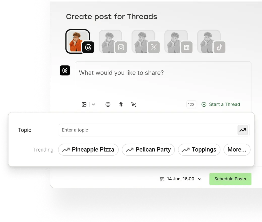 Buffer create post view with trending Threads topics.