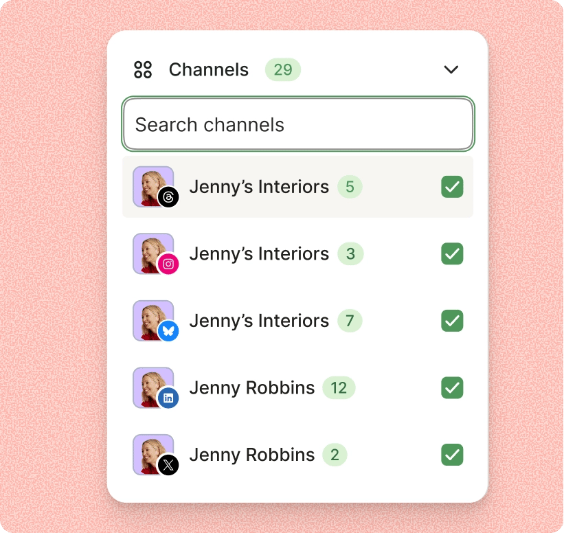 Buffer Community comments channels list with notifications for Threads, Instagram, Bluesky, LinkedIn, and other platforms.