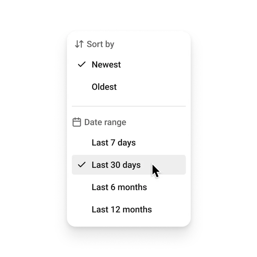 Buffer Community comments filter and sorting menu with options for newest and oldest sorting and date range filters.