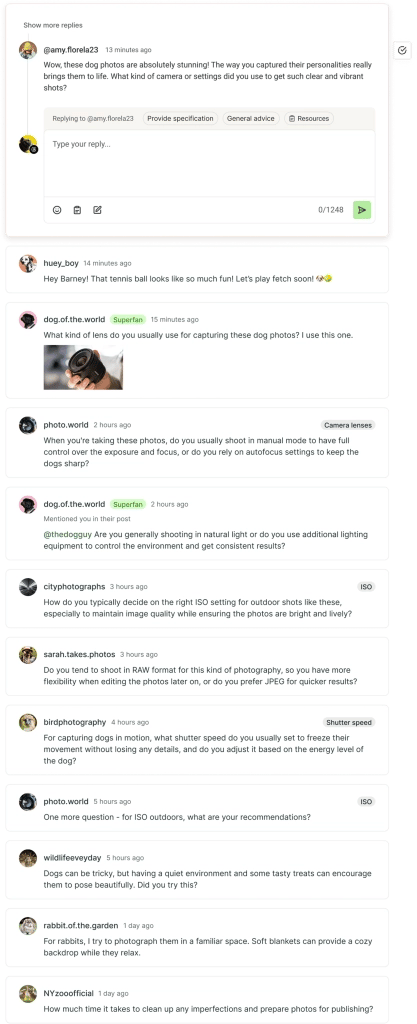 Comment feed with comments by social media channel, saved replies, and AI replies.