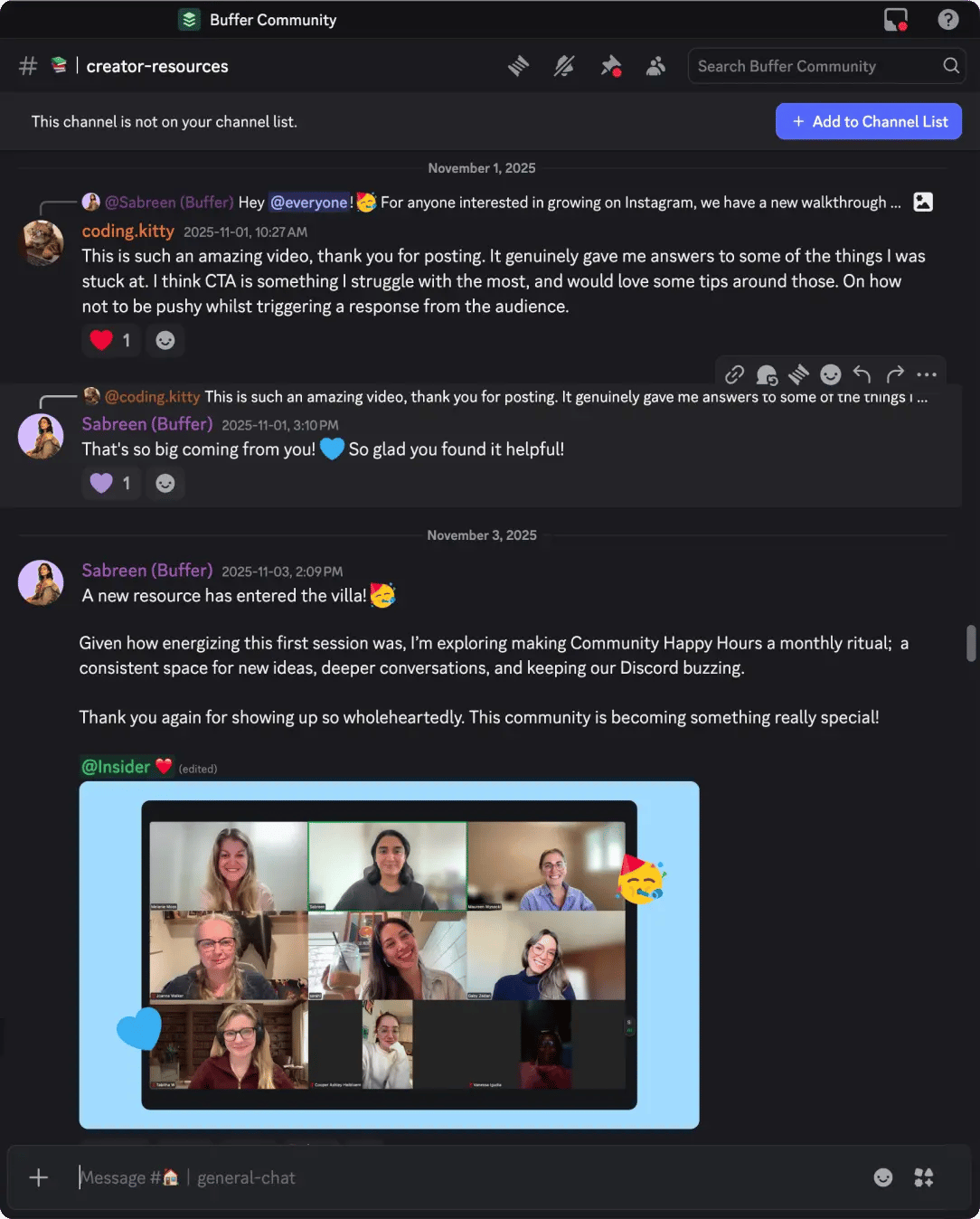 Buffer community Discord with real conversations for content feedback, live sessions, and supportive discussions.
