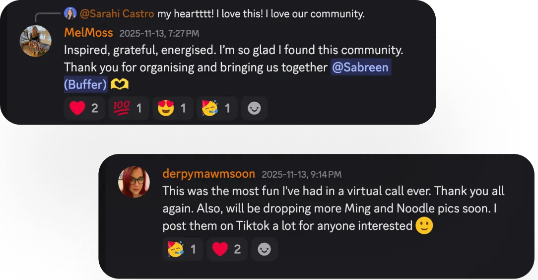 Buffer community Discord with live sessions for community learning, feedback, and creative inspiration.