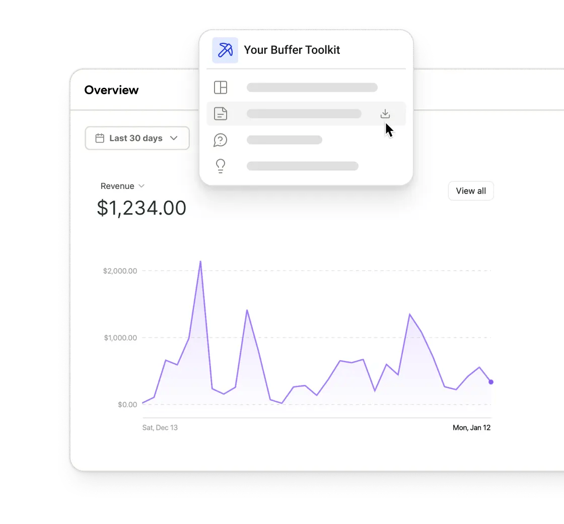 Buffer partner program earnings overview with revenue charts for the last 30 days and your Buffer toolkit.