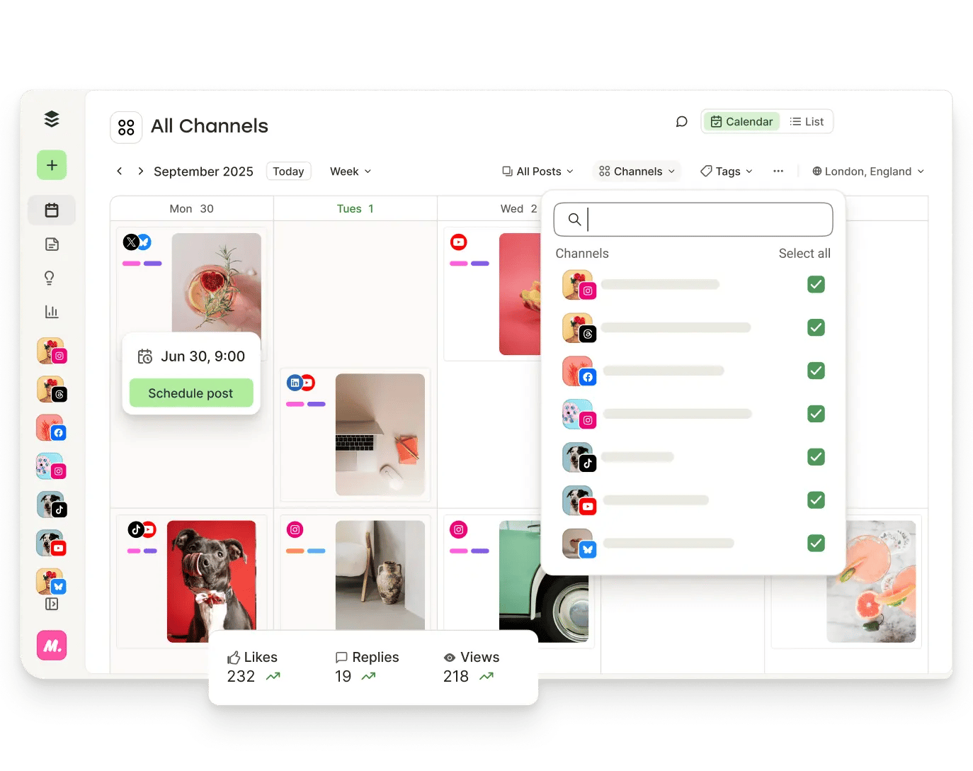 Buffer calendar view with upcoming posts and filters for channels, tags, and more.