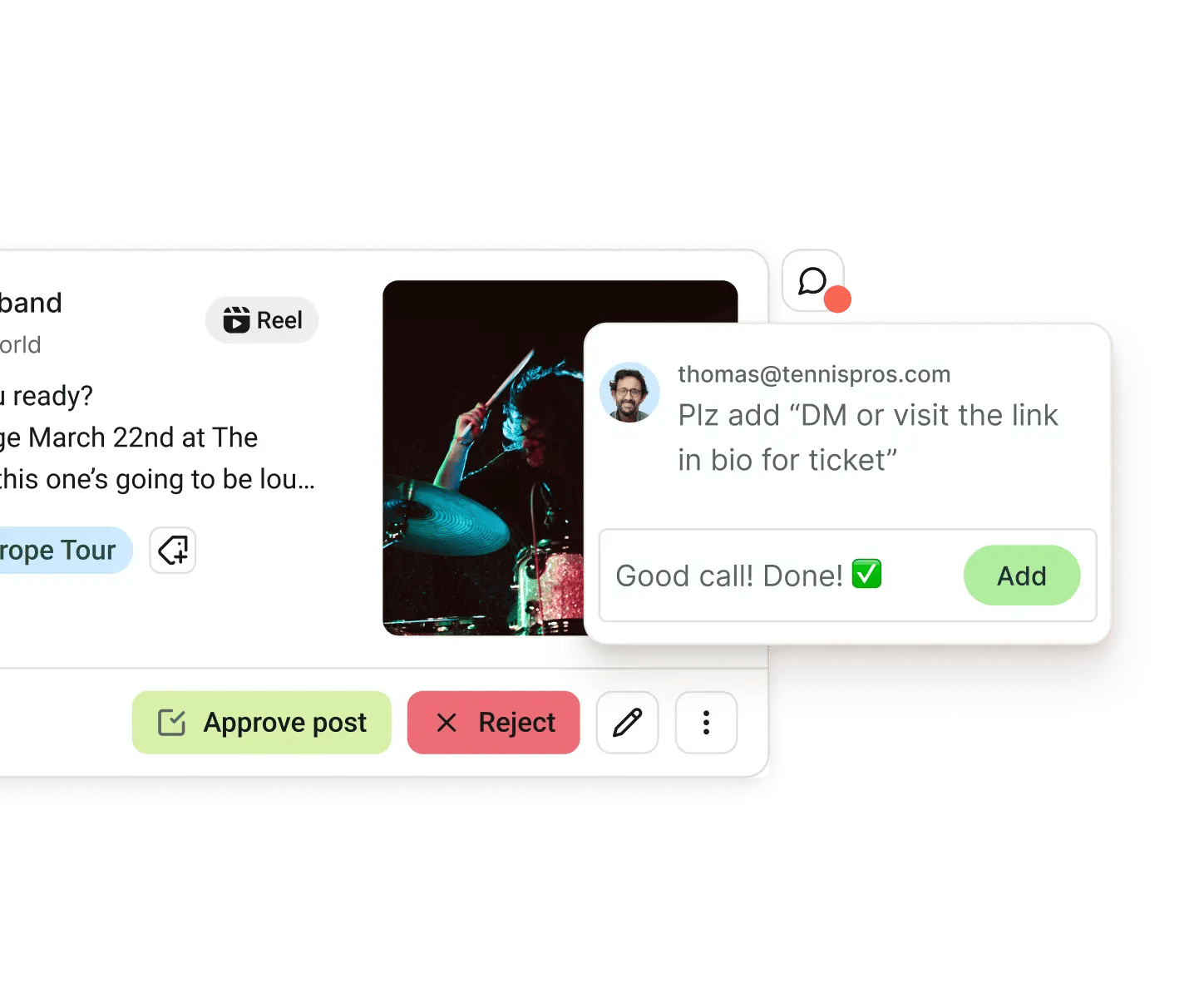 Buffer Collaborate view with feedback threads for posts and approval workflows.