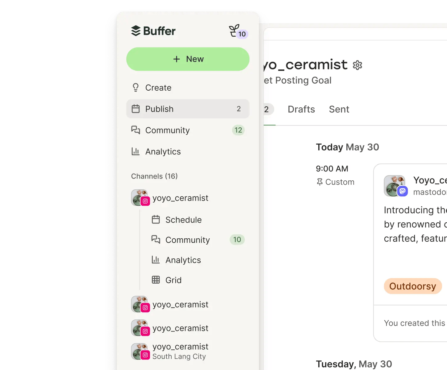 Buffer web app sidebar with Create, Publish, Community, and Analytics tools.