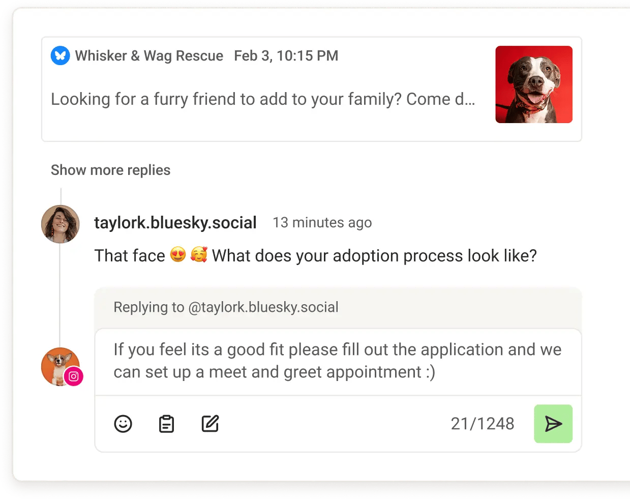 Pantalla de respuesta a comentarios en Buffer Community con la opción de crear una publicación a partir de tu respuesta.