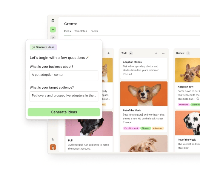 A Bluesky post ideas board in Buffer with columns to create and organize ideas by status and tags and an AI assistant to generate ideas.
