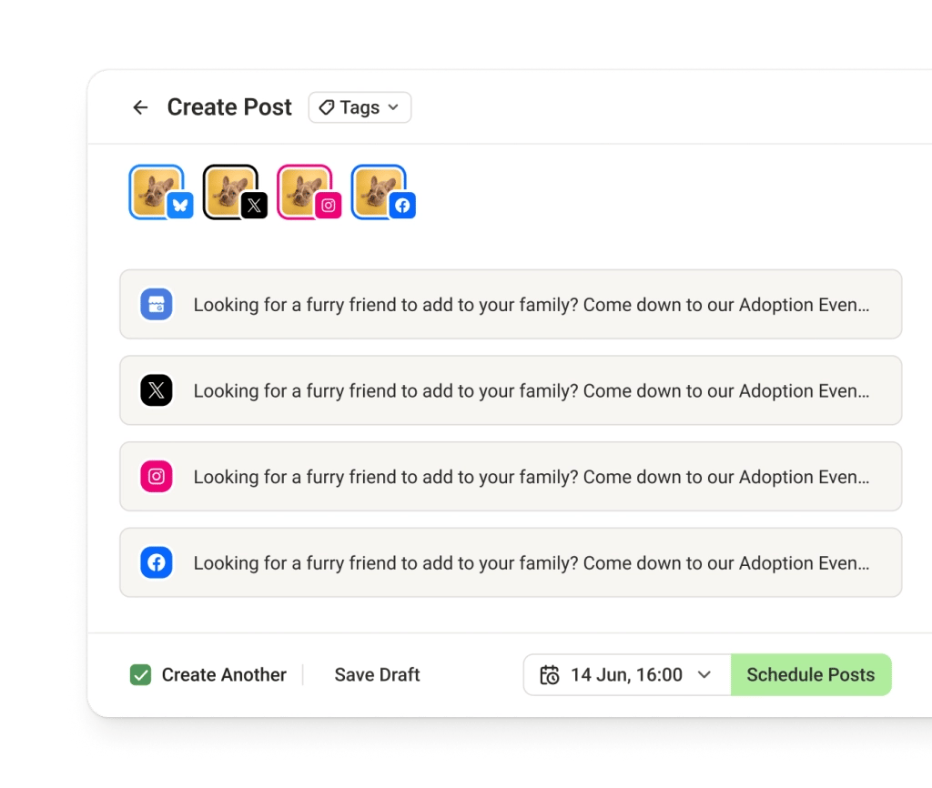 A create Bluesky post screen with options to crosspost to other social media channels by adding them to a posting queue.