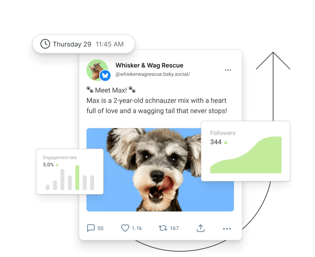 A post on Bluesky surrounded by floating graphs for followers and engagement rate.