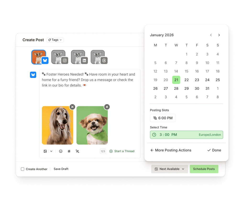 A Bluesky post create screen with text input, image attachments, and a date picker to schedule posts.