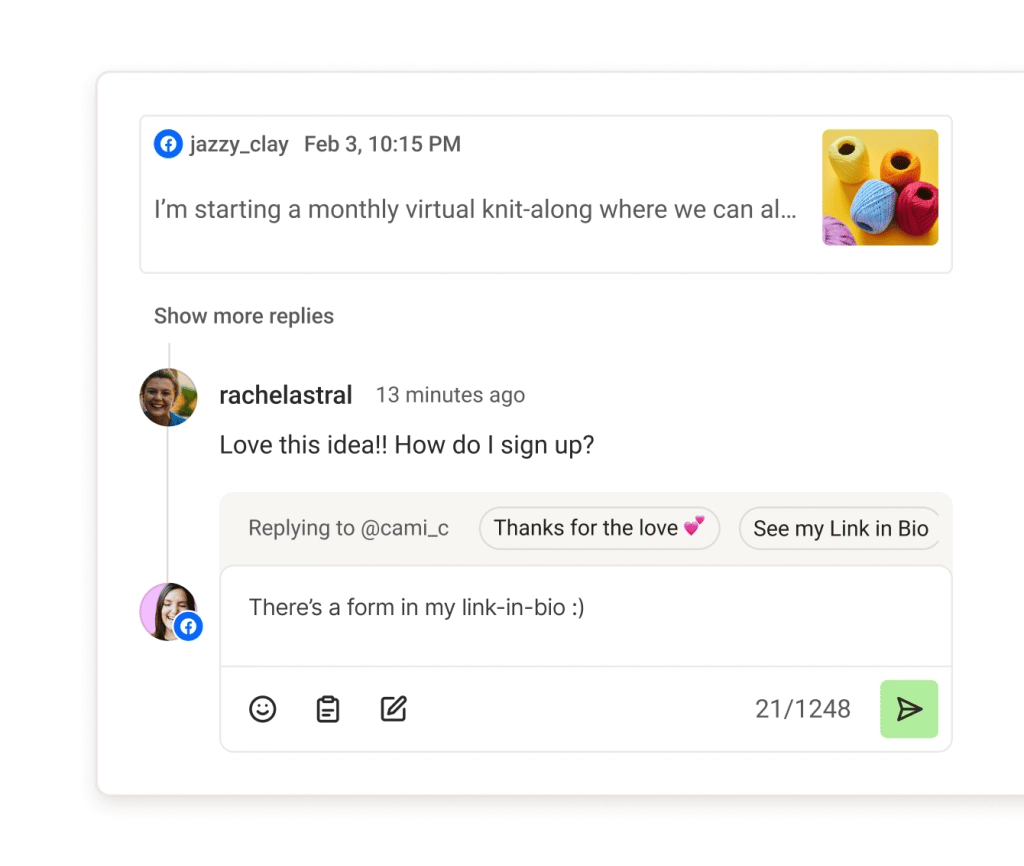Buffer Community comment reply screen with create post from my reply option.