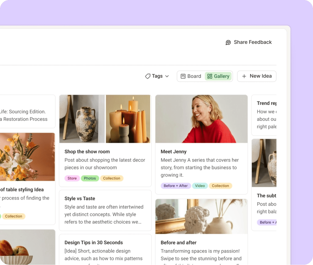 Buffer Create space with Facebook post ideas in columns by category.
