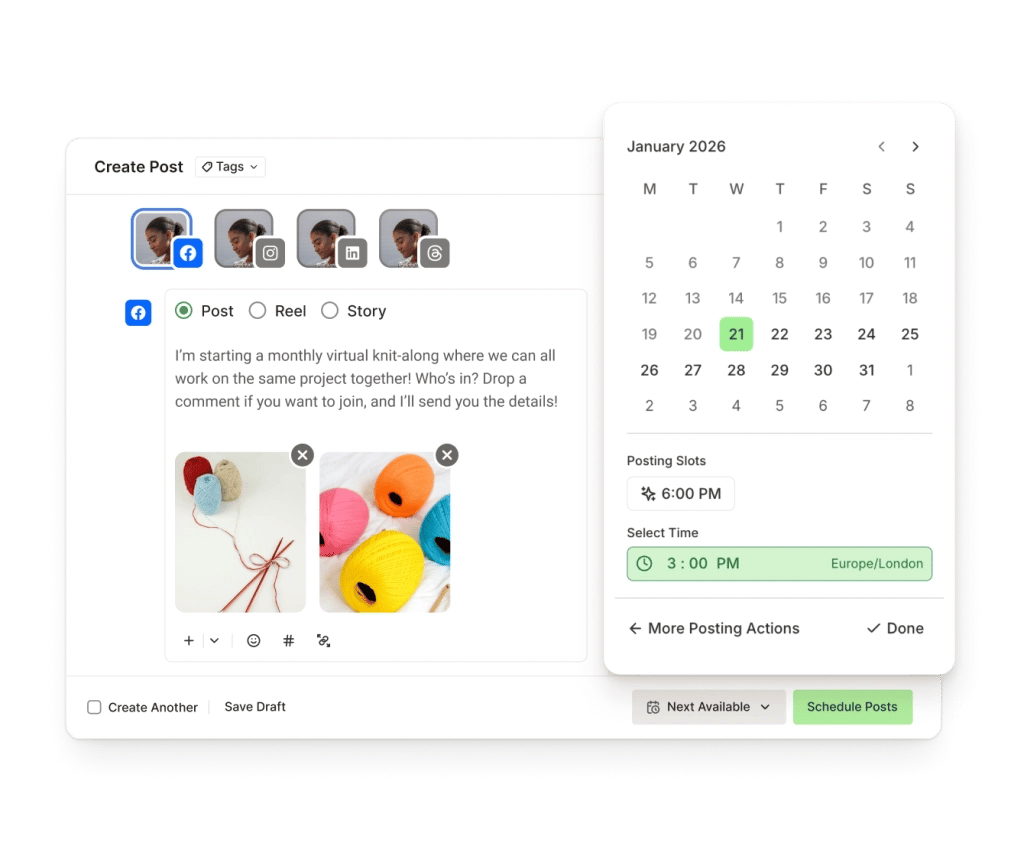 Buffer Facebook post tool with a text editor, image attachments, and scheduling options.
