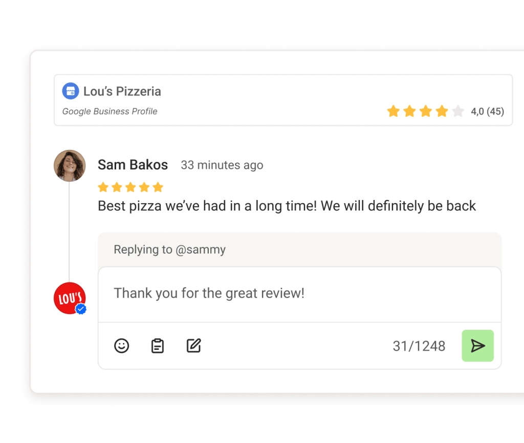 A comment thread from Google Business within Community, with AI suggestions and a text field for replying.