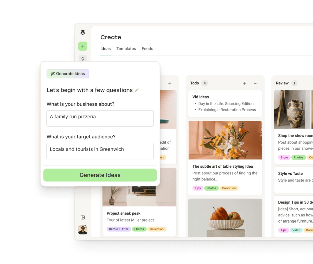 Buffer AI Assistant with a text editor, image attachments, and scheduling options.