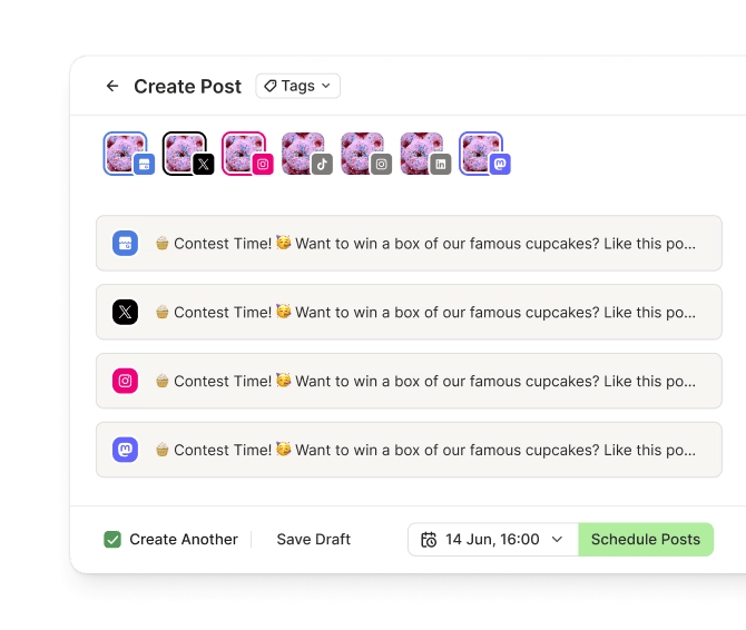 Buffer crosspost view with several social media channels and dedicated text editors per channel.