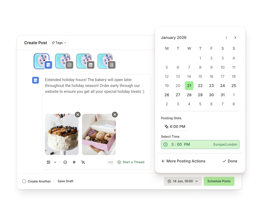 Buffer calendar view with a drag and drop interface for scheduling What’s New, Offer, and Event Type posts.