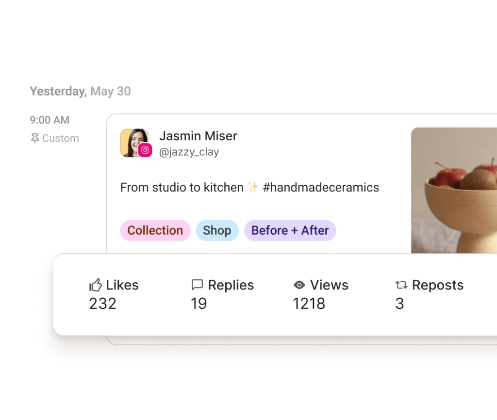 Instagram post surrounded by floating graphs for engagement rate, followers, and recommended best day to post, best type of post, and best frequency to post.