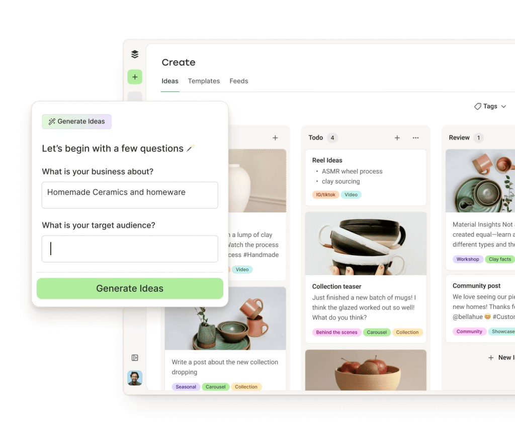 Buffer Instagram Create space with ideas in columns by category and an AI assistant to generate ideas.