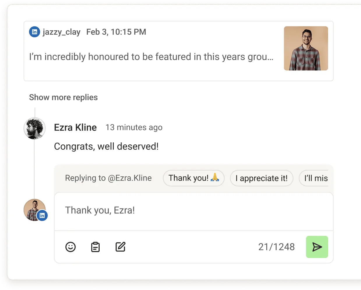 Buffer Community comment reply screen with create post from my reply option.