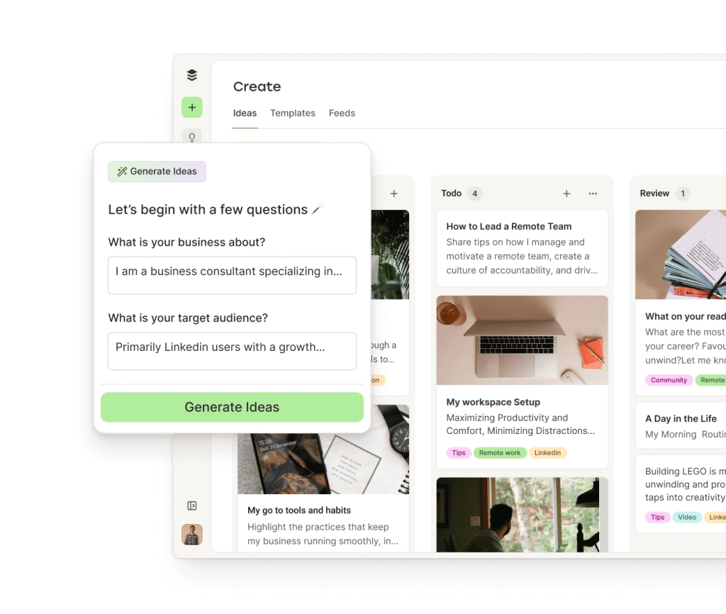 A sortable board view of LinkedIn post ideas with category columns and an AI assistant to generate post ideas.