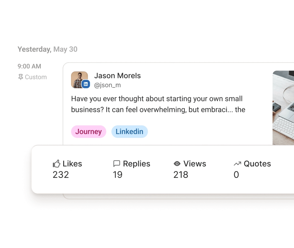 A LinkedIn analytics screen in Buffer with performance data for followers, impressions, clicks, and engagement.