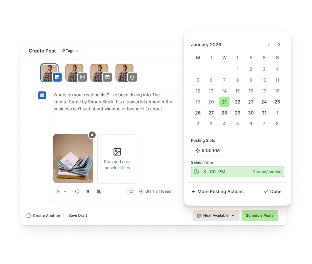 A LinkedIn post create screen with text input, image attachments, and a date picker to schedule posts.