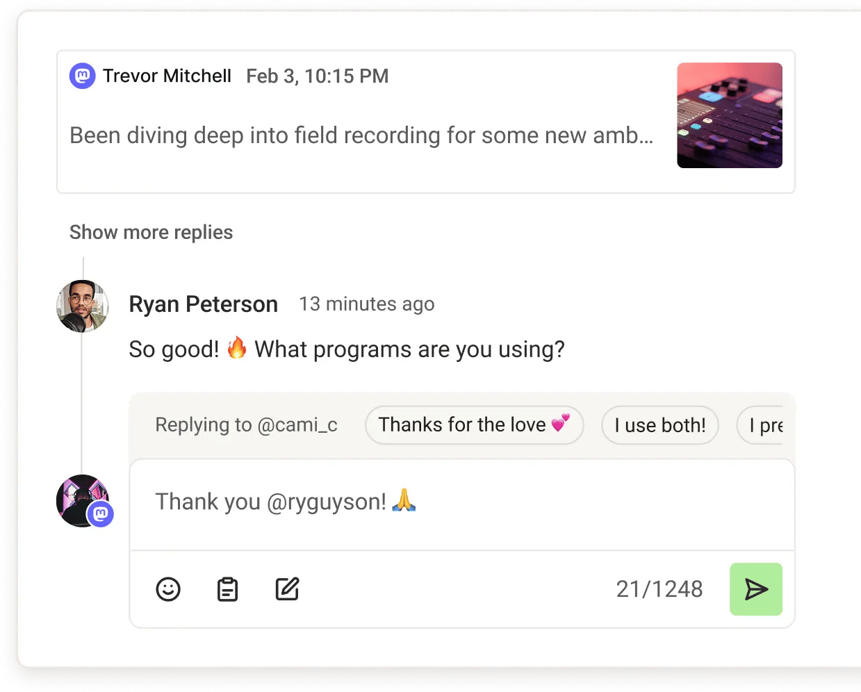 Buffer Community comment reply screen with create post from my reply option.