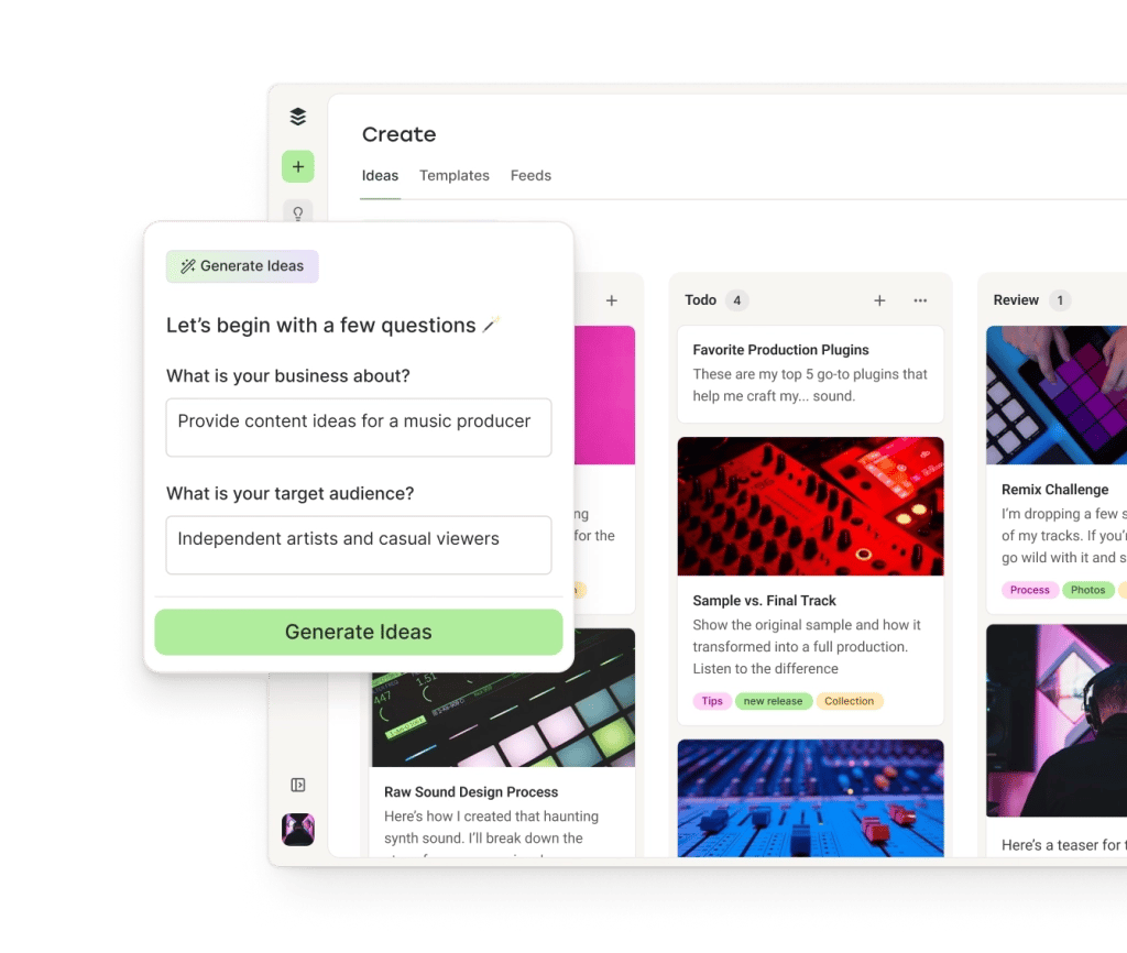 Buffer Create space with Mastodon post ideas in columns by category and an AI assistant to generate ideas.