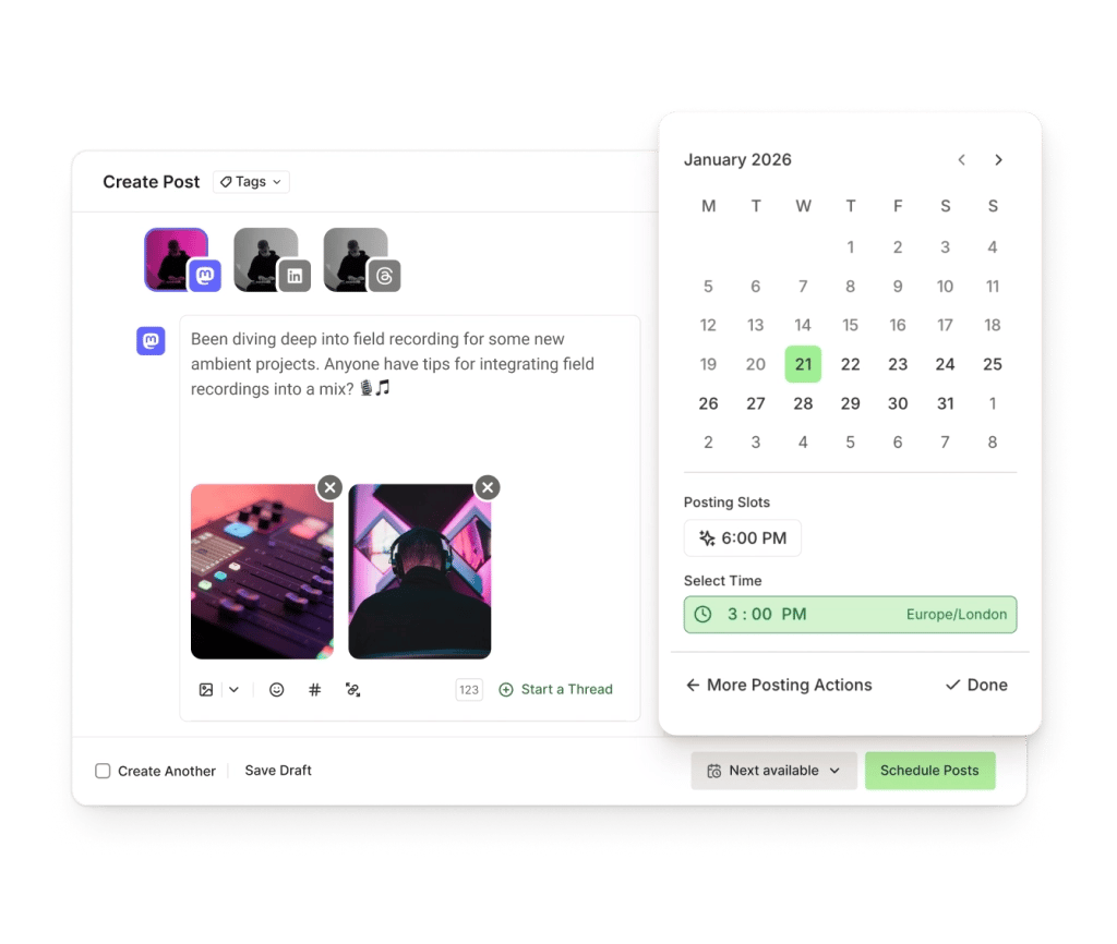 Buffer Mastodon post editor with a text editor, image attachments, and scheduling options.