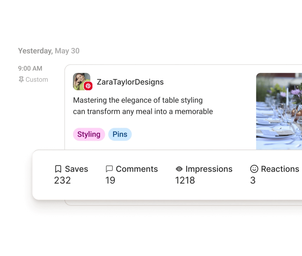 Una publicación en Pinterest rodeada de gráficas de seguidores, tasa de interacción y recomendaciones sobre el mejor día, tipo y frecuencia para publicar.