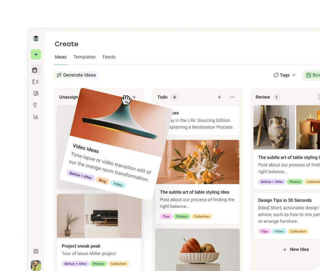 El espacio de creación de Buffer con columnas kanban para publicaciones por categoría y un asistente de IA para generar ideas.