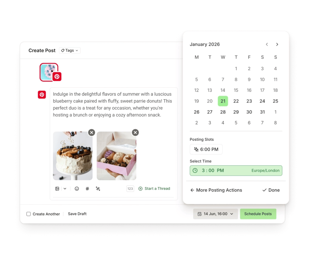 Vista de Crear en Buffer para Pinterest con editor de texto enriquecido, adjunto de imagen y controles de programación de publicaciones.